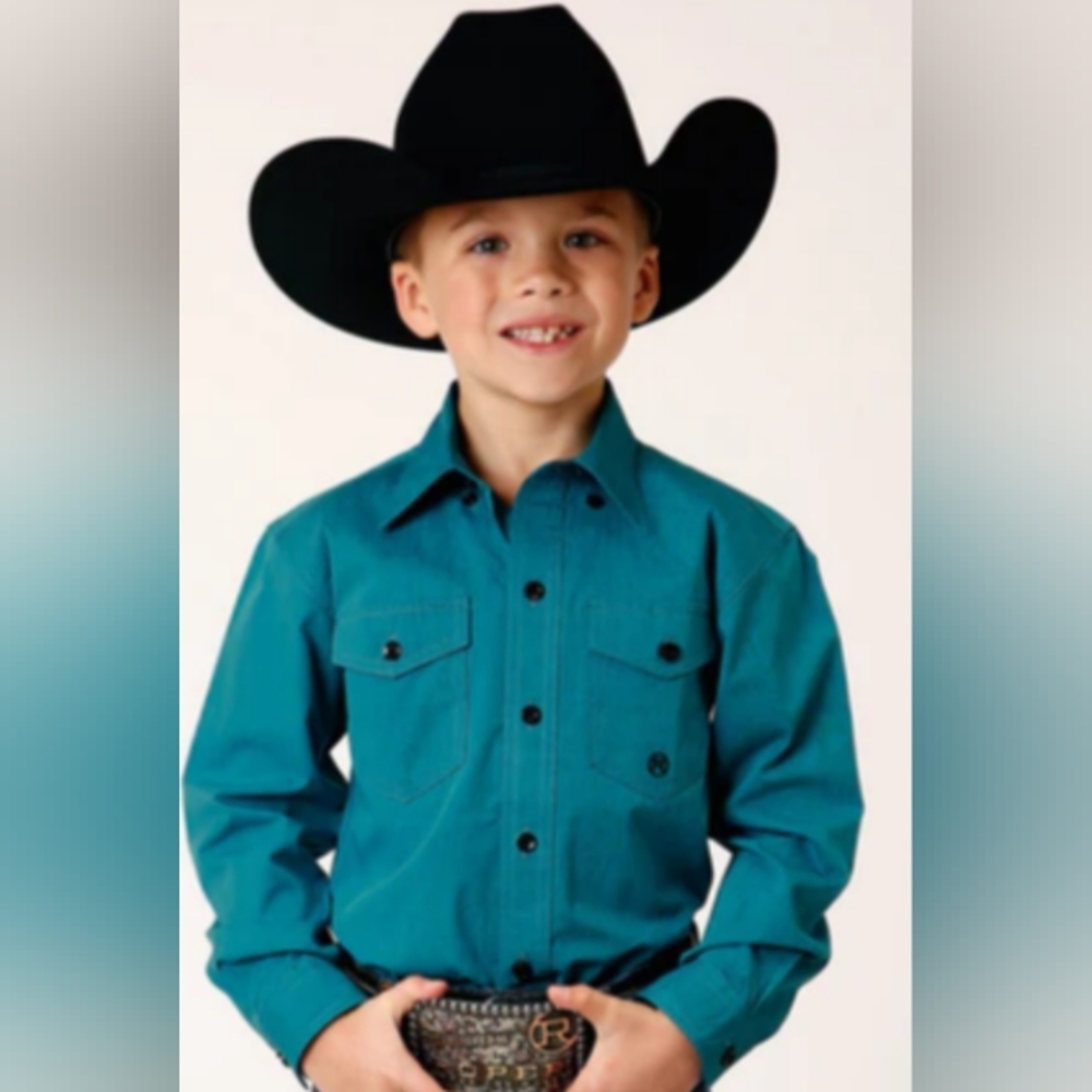 Roper Boy's Solid Teal Amarillo Western Shirt sz 4/5